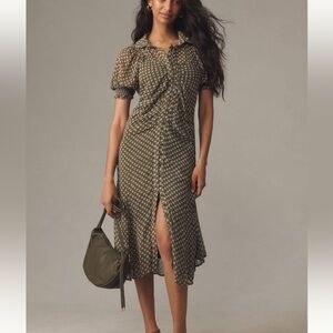 ANTHROPOLOGIE PUFF SLEEVE RUCHED MESH MIDI DRESS SIZE 4 MSRP $158.00 NWT